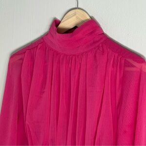 BigHit Fashion Hot Pink High Neck Sheer Blouse
Sz L Ruched Waist Bishop Sleeves